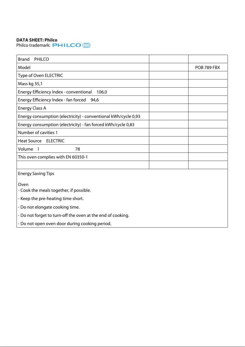 Page 1 of the manual Technical Sheet Philco POB 789 FBX
