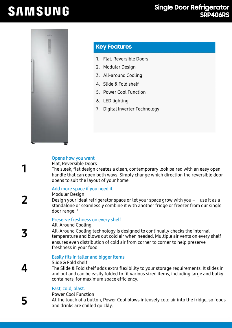 Page 1 of the manual Technical Sheet Samsung SRP406RS