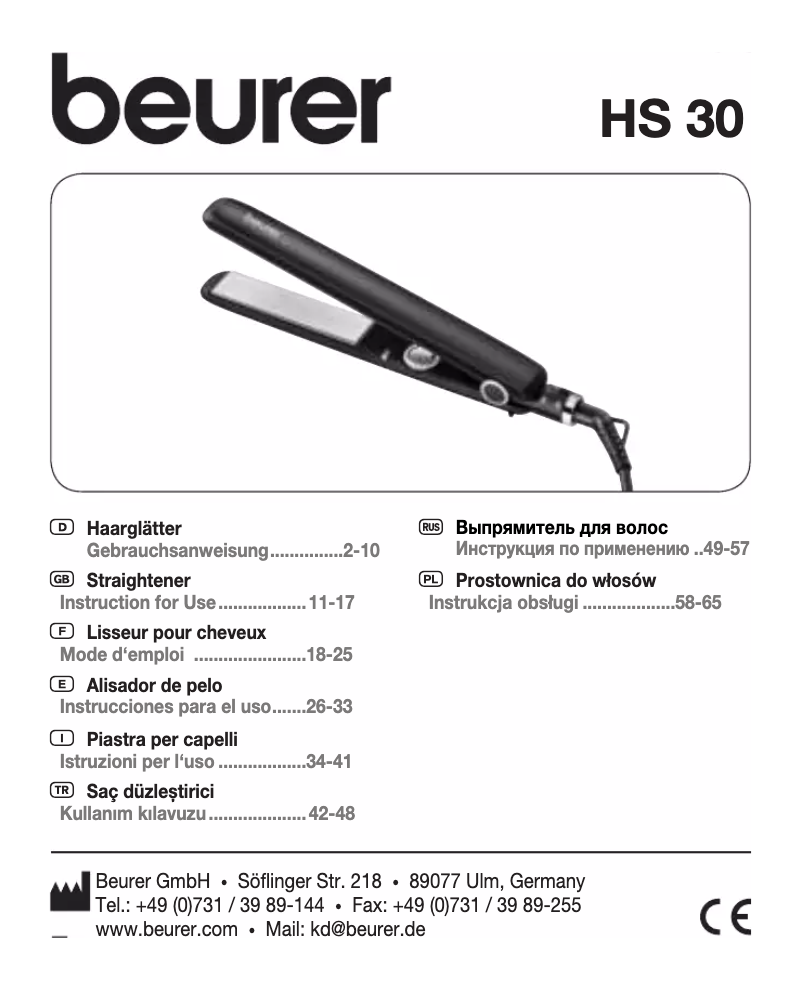 Page 1 of the manual User Manual Beurer HS 30