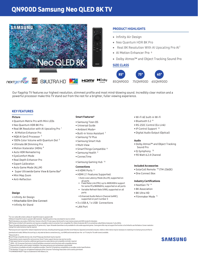 Page 1 of the manual Technical Sheet Samsung QN85QN900DF