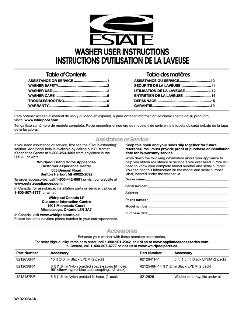 Page 1 of the manual User Manual Whirlpool ETW4400XQ