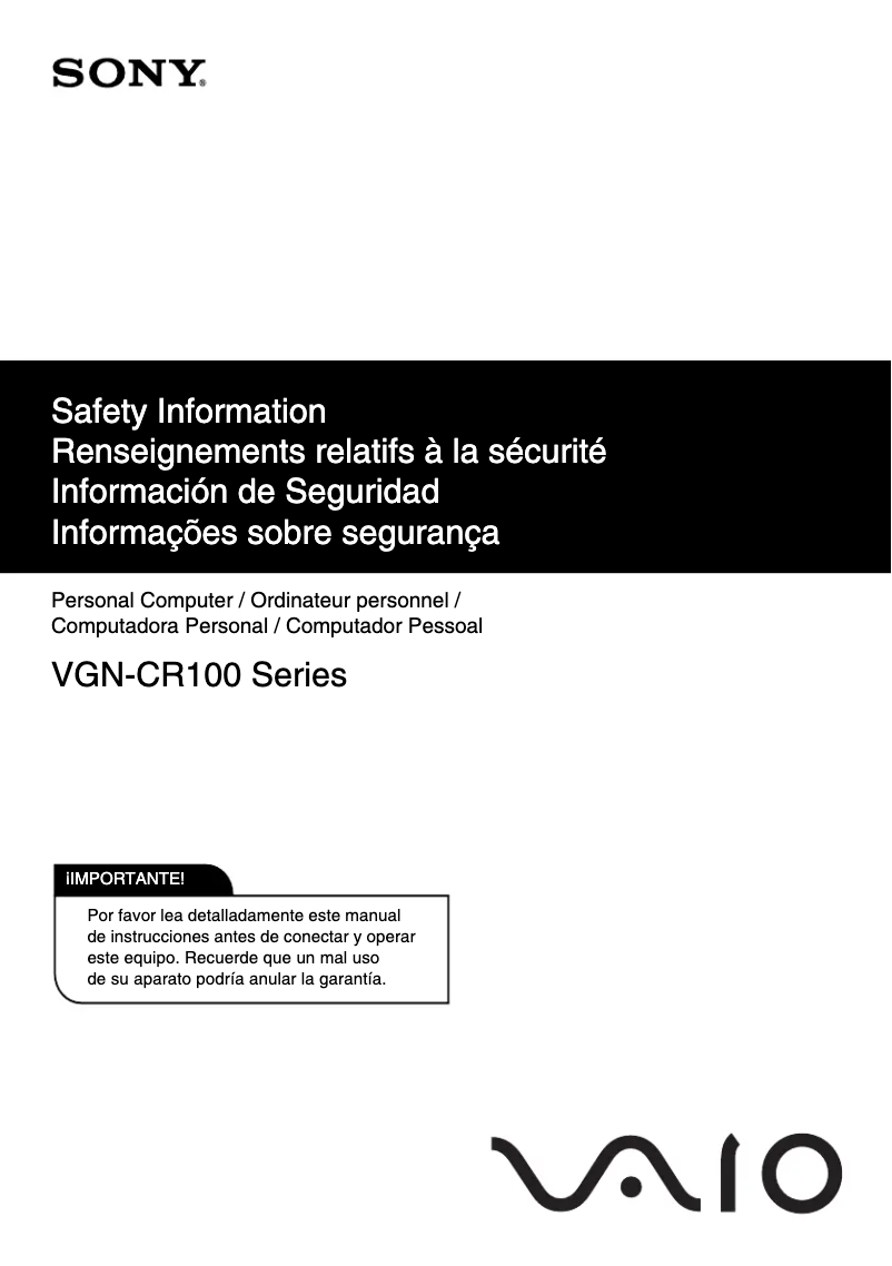 Page 1 of the manual Safety Instructions Sony Vaio VGN-CR125E