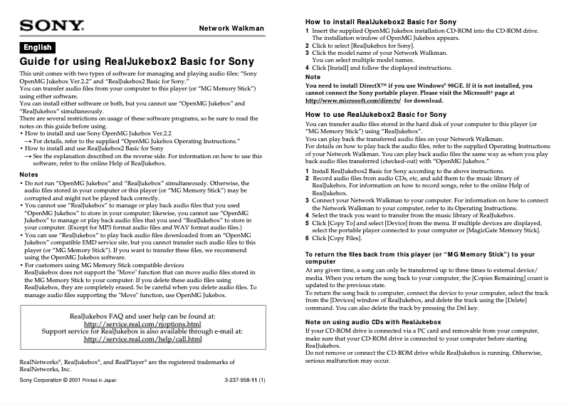Page 1 of the manual User Manual Sony Walkman NW-S4