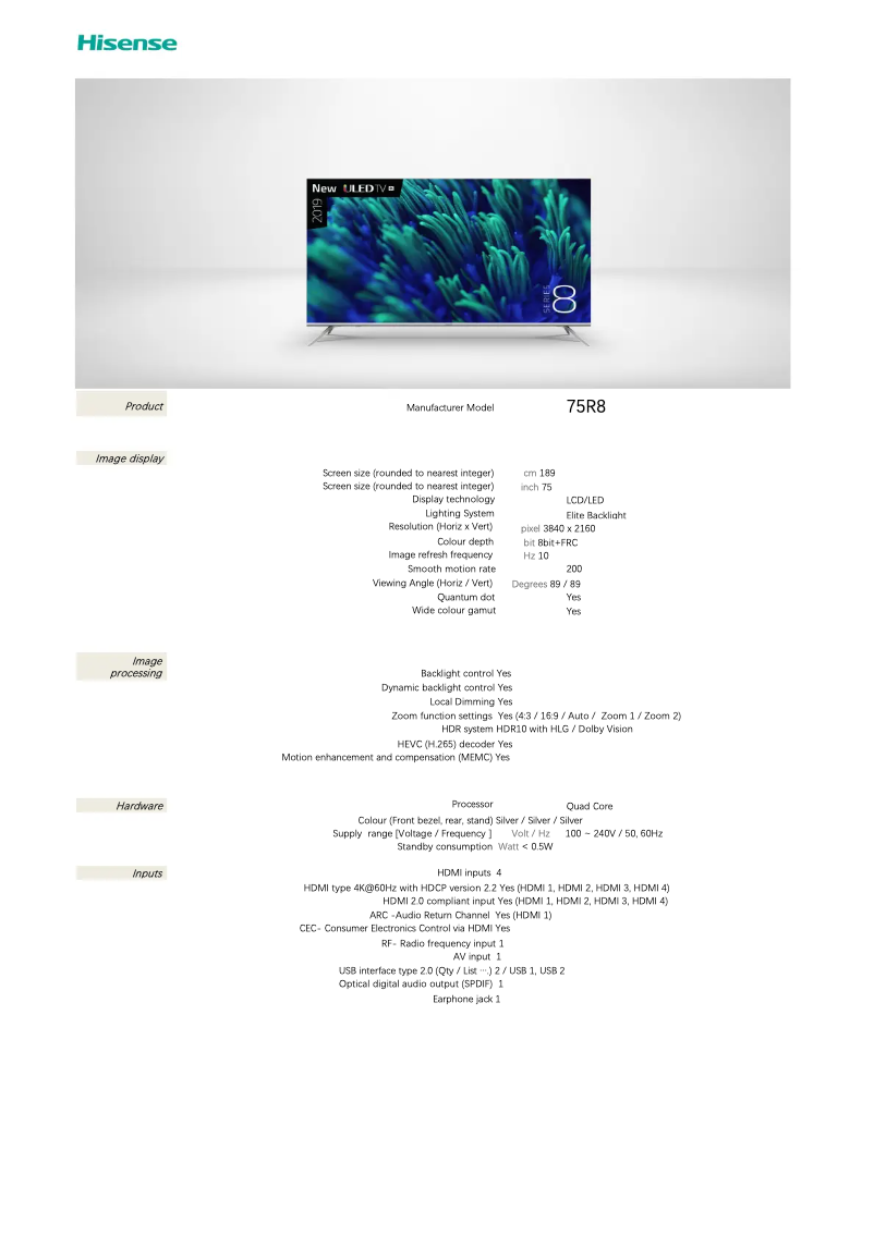 Page 1 of the manual Technical Sheet Hisense 75R8