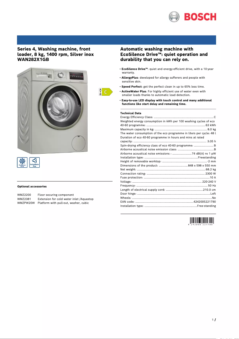 Page 1 of the manual Technical Sheet Bosch WAN282X1GB