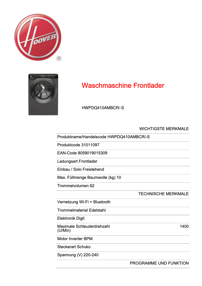 Page 1 of the manual Technical Sheet Hoover H-WASH 500 HWP 610AMBC/1-S