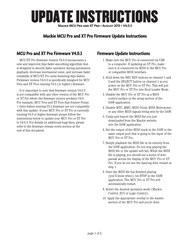 First page image of the manual for MCU XT Pro