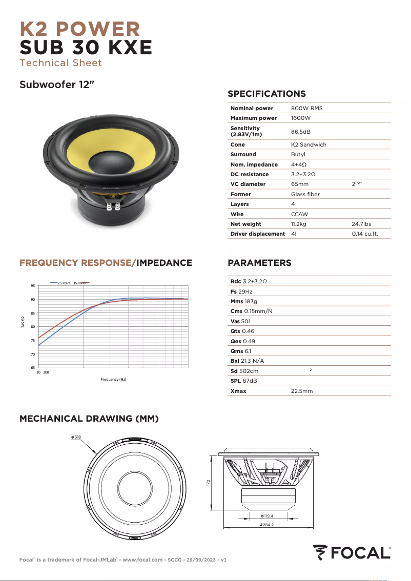Page 1 of the manual Technical Sheet Focal K2 Power Evo SUB 30 KXE