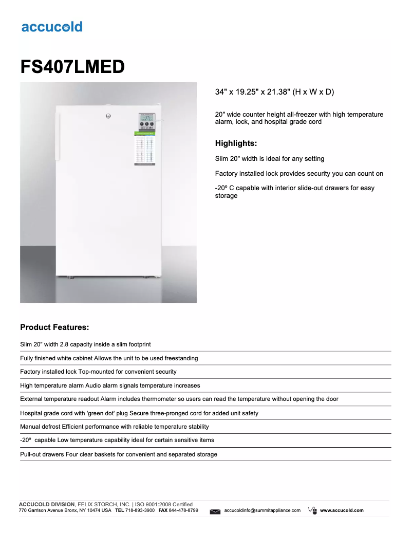 Page 1 of the manual Technical Sheet Summit Accucold FS407LMED