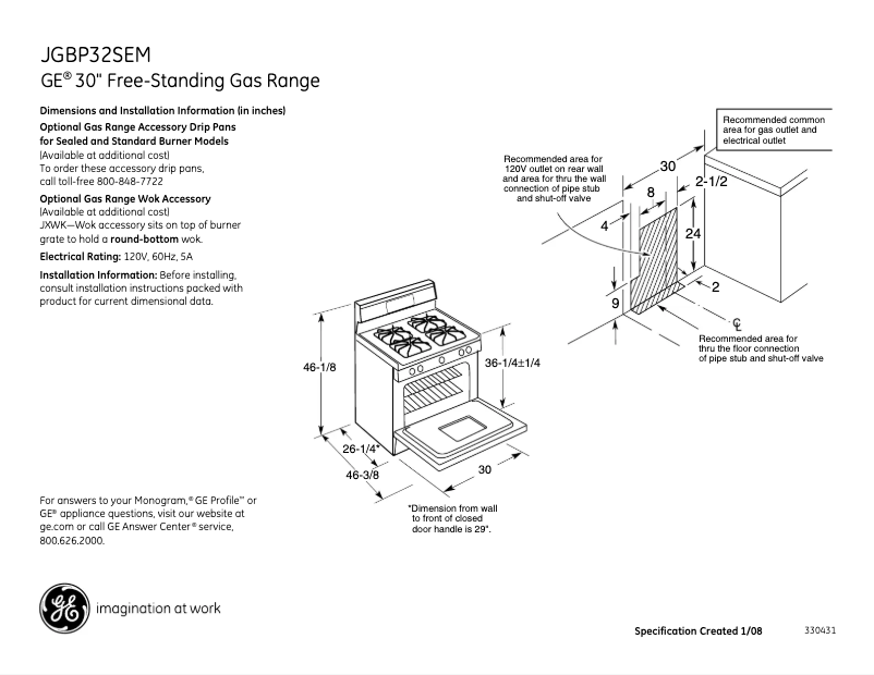 Page 1 of the manual Technical Sheet GE JGBP32SEMSS
