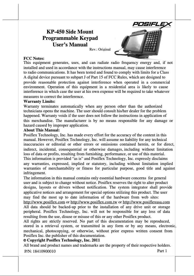 Page 1 de la notice Manuel utilisateur Posiflex KP-450