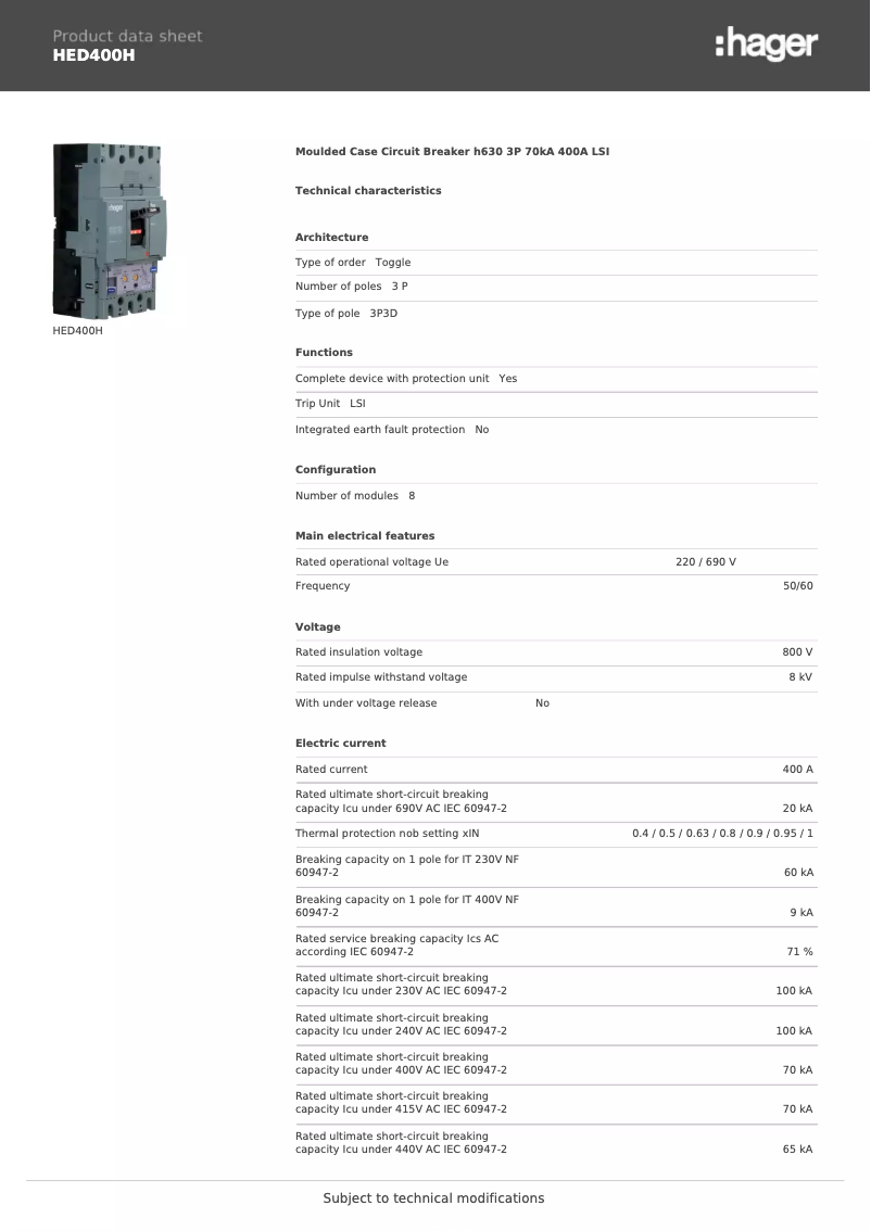Page 1 of the manual Technical Sheet Hager HED400H