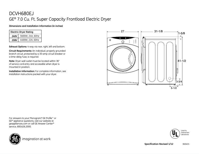 Page 1 of the manual Technical Sheet GE DCVH680EJMS