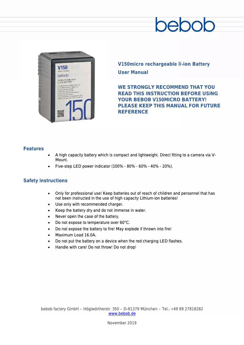 Page 1 of the manual User Manual Bebob V150micro