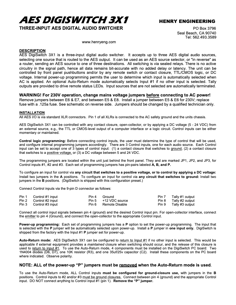 First page image of the manual for AES DigiSwitch 3X1