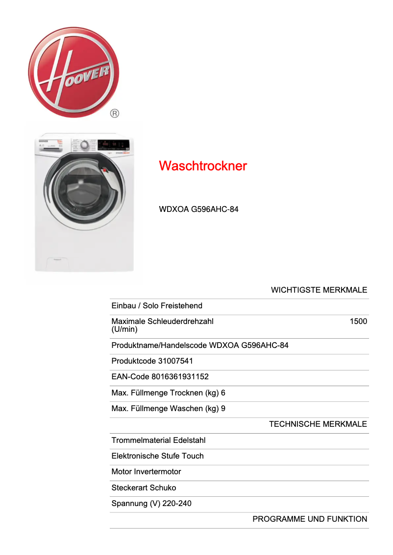 First page image of the manual for WDXOA G596AHC-84