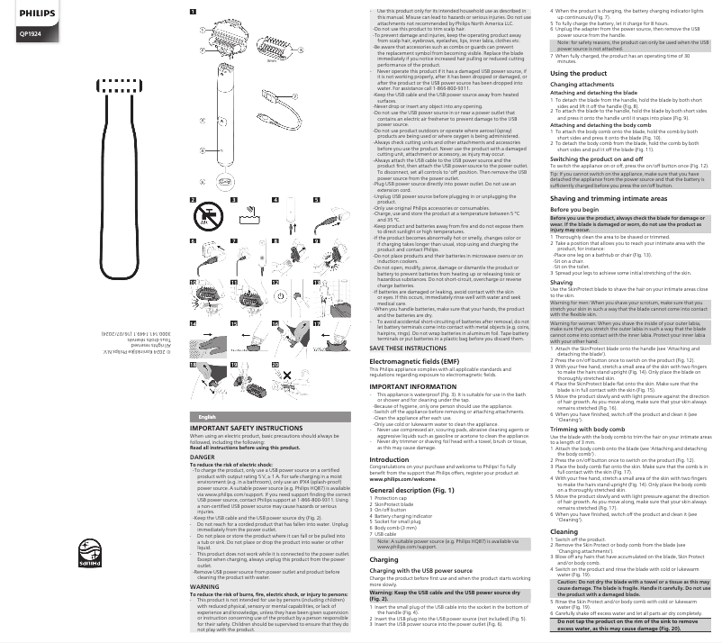 First page image of the manual for Norelco OneBlade QP1924