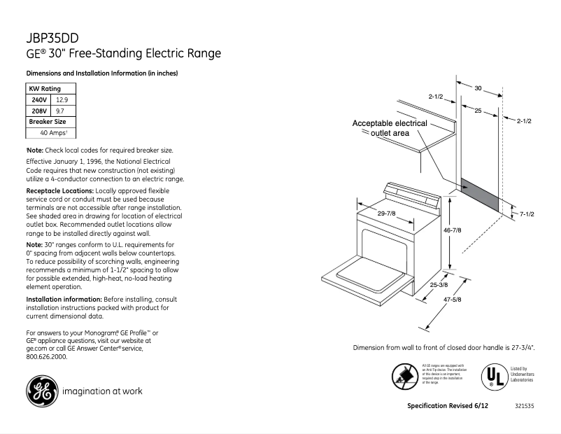 Page 1 of the manual Technical Sheet GE JBP35DDBB