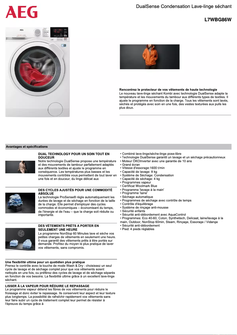 Page 1 of the manual Technical Sheet AEG L7WBG86W