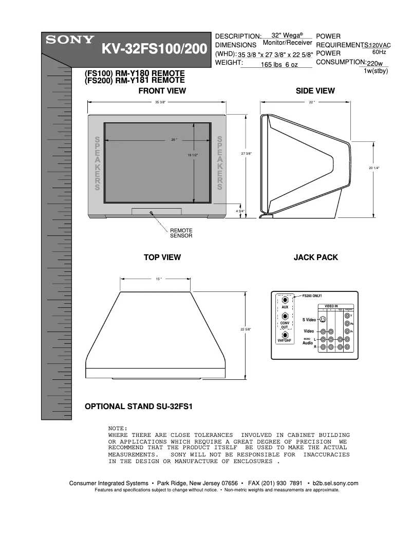 Page 1 of the manual Installation Guide Sony KV-32FS100