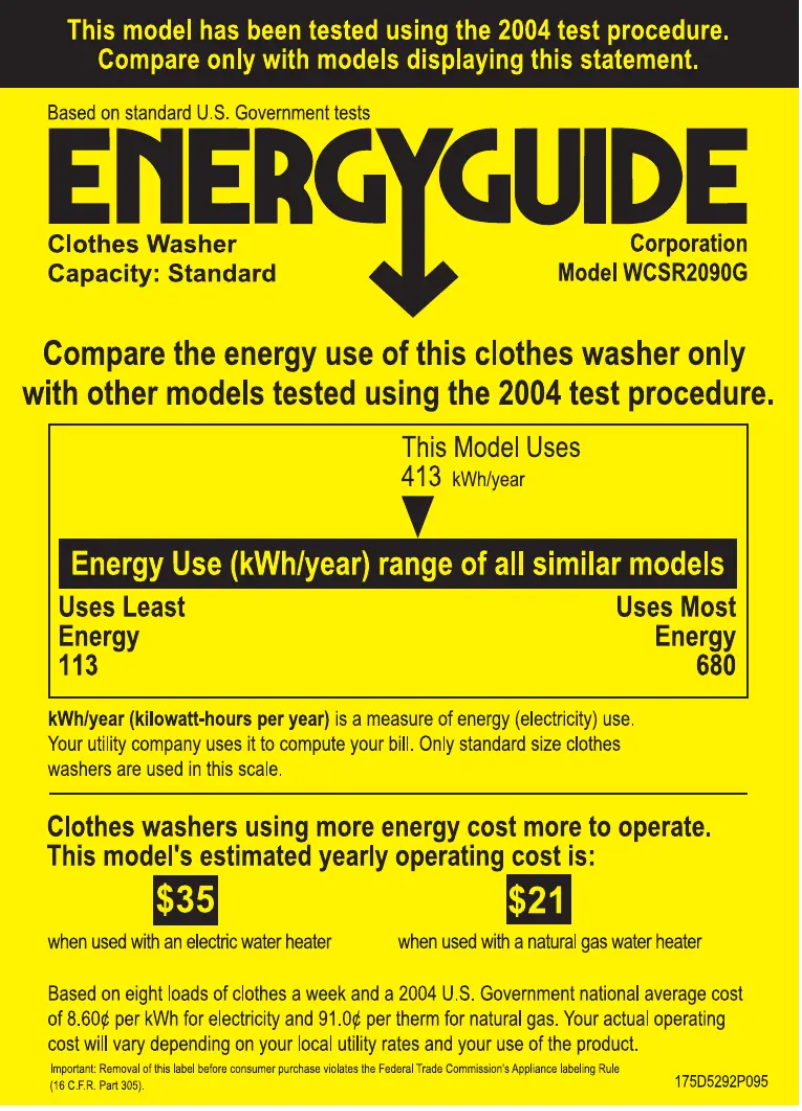 Page 1 of the manual Energy Label GE WCSR2090GWW