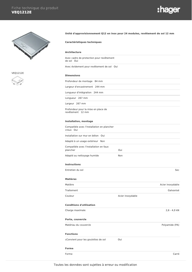 Page 1 of the manual Technical Sheet Hager VEQ1212E