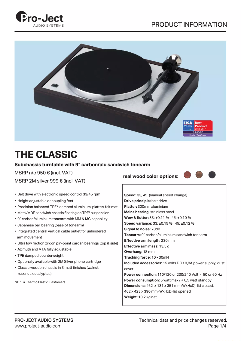 Page 1 de la notice Fiche technique Pro-Ject The Classic