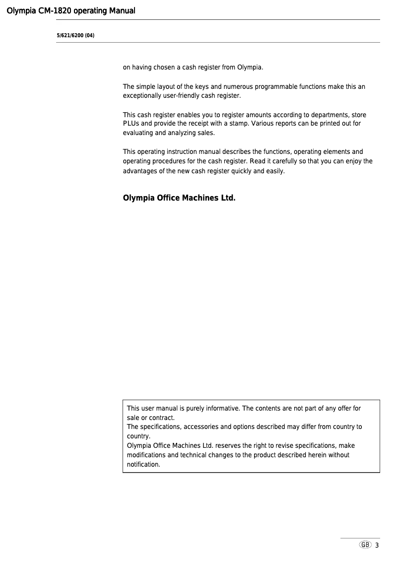 Page 1 of the manual User Manual Olympia CM 1820