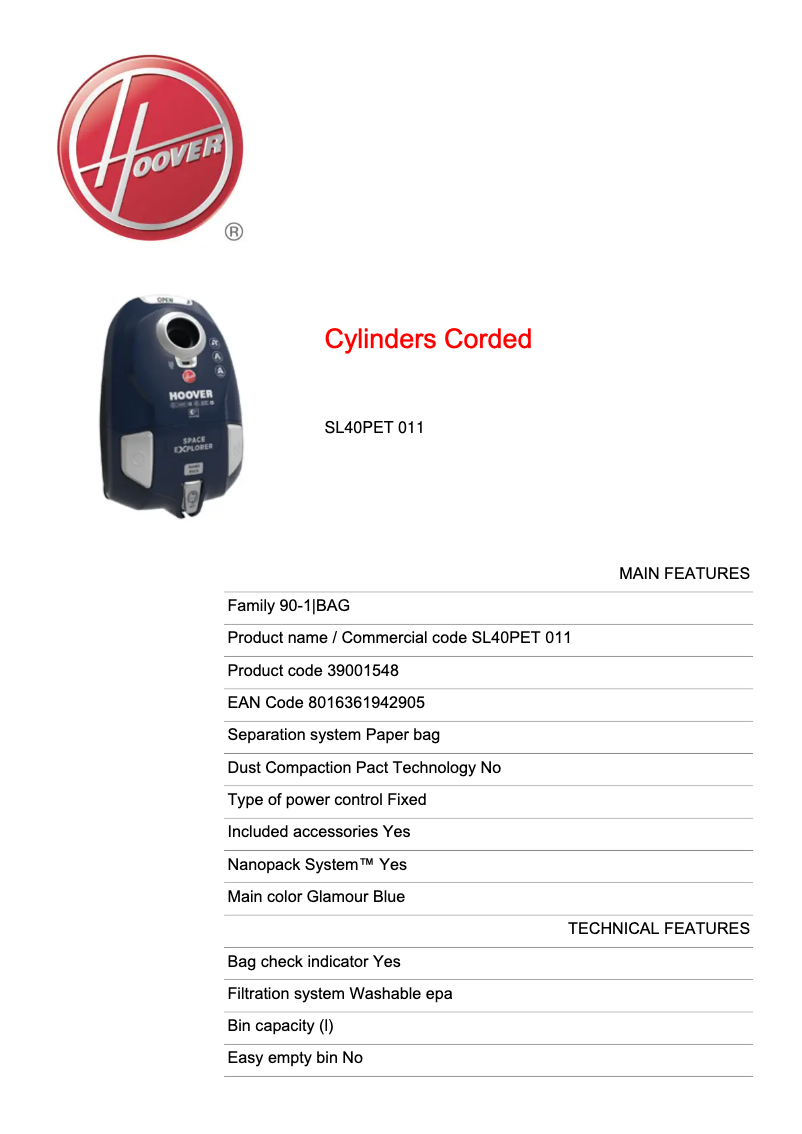 Page 1 of the manual Technical Sheet Hoover SL40PET 011