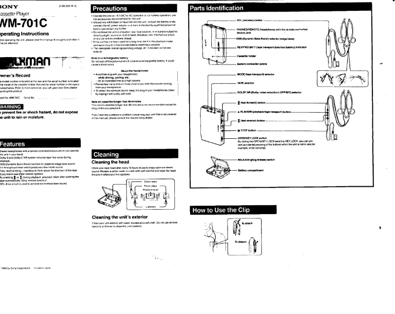 Page 1 of the manual User Manual Sony Walkman WM-701C