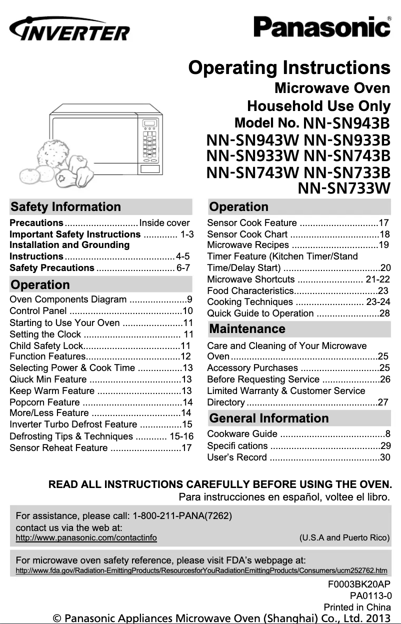 Page 1 of the manual User Manual Panasonic NN-SN933W