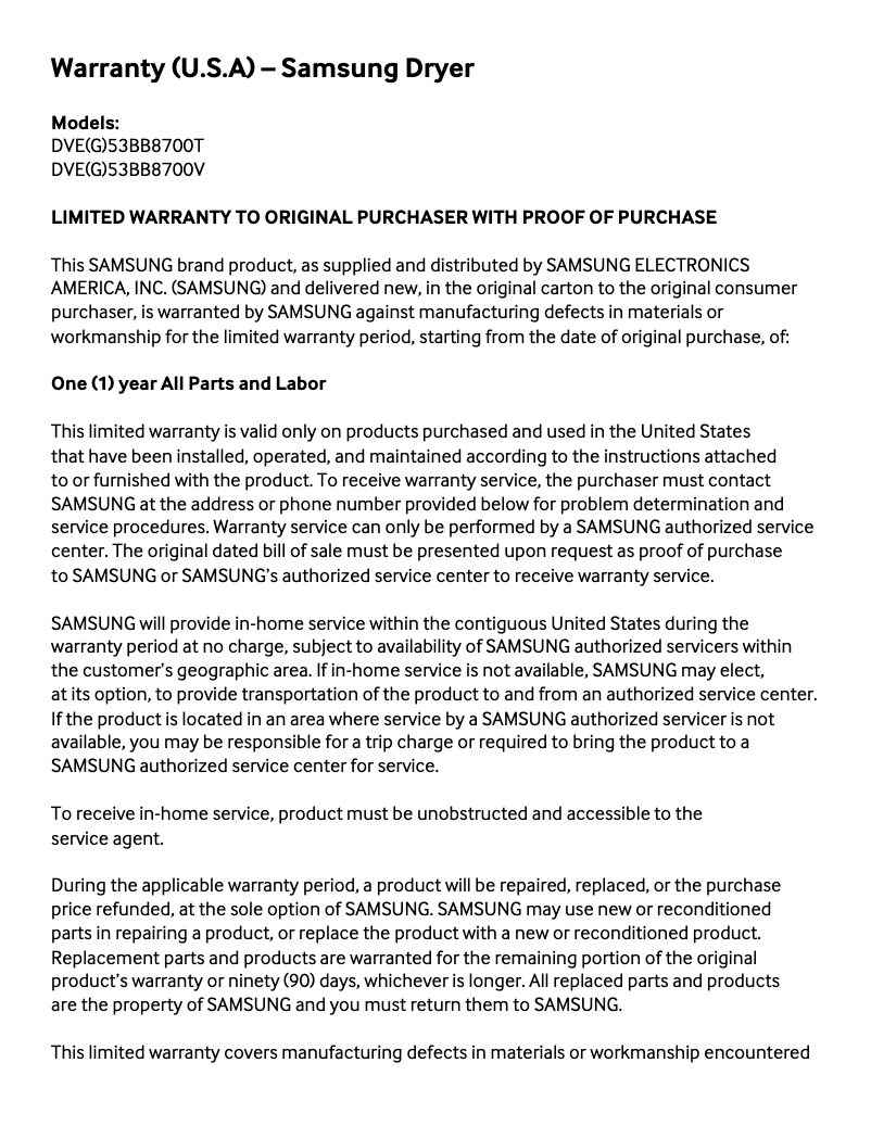 Page 1 of the manual Warranty Information Samsung DVE53BB8700V