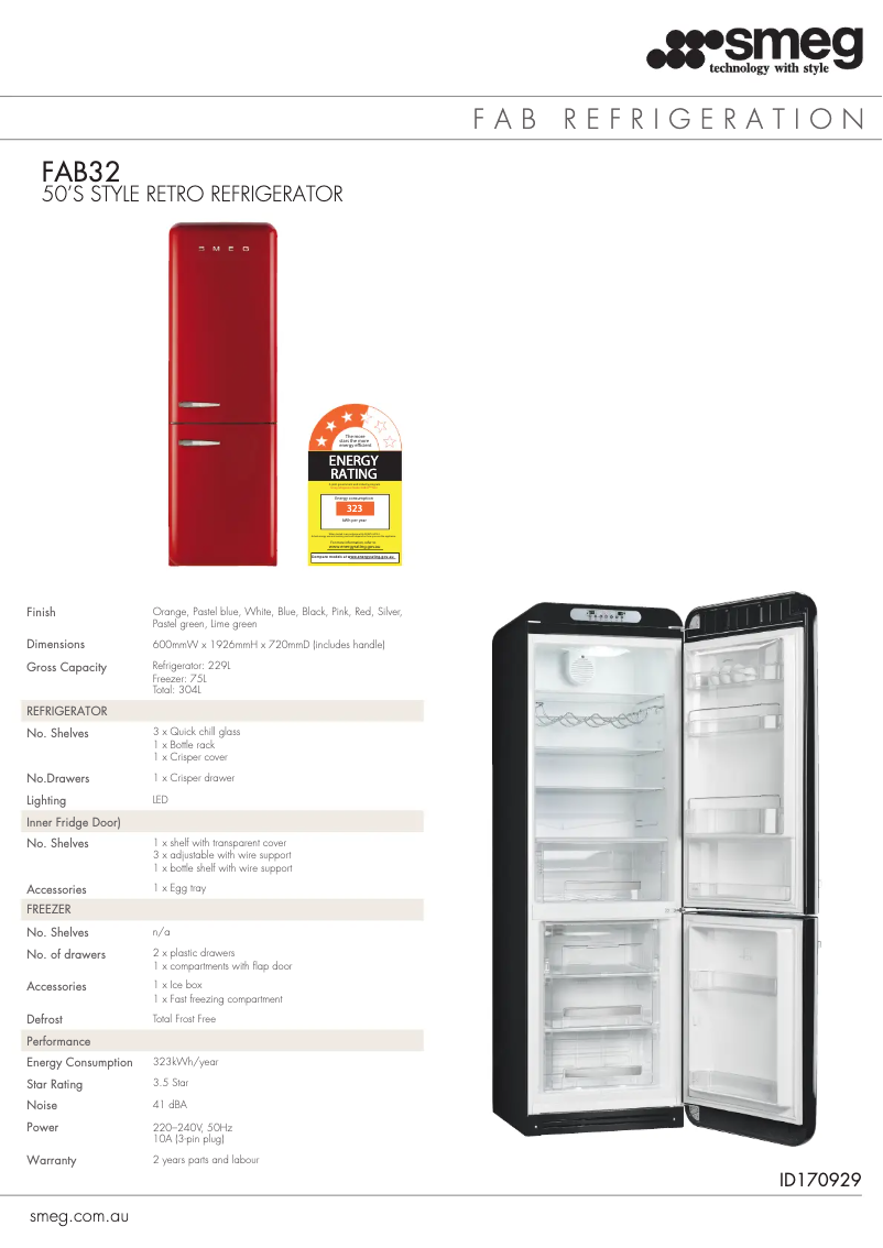 Page 1 of the manual Technical Sheet Smeg FAB32LPBNA1