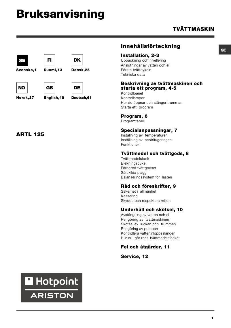 First page image of the manual for ARTL 125 SK