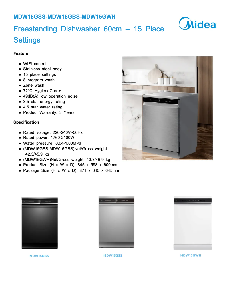 Page 1 of the manual Technical Sheet Midea MDW15GWH