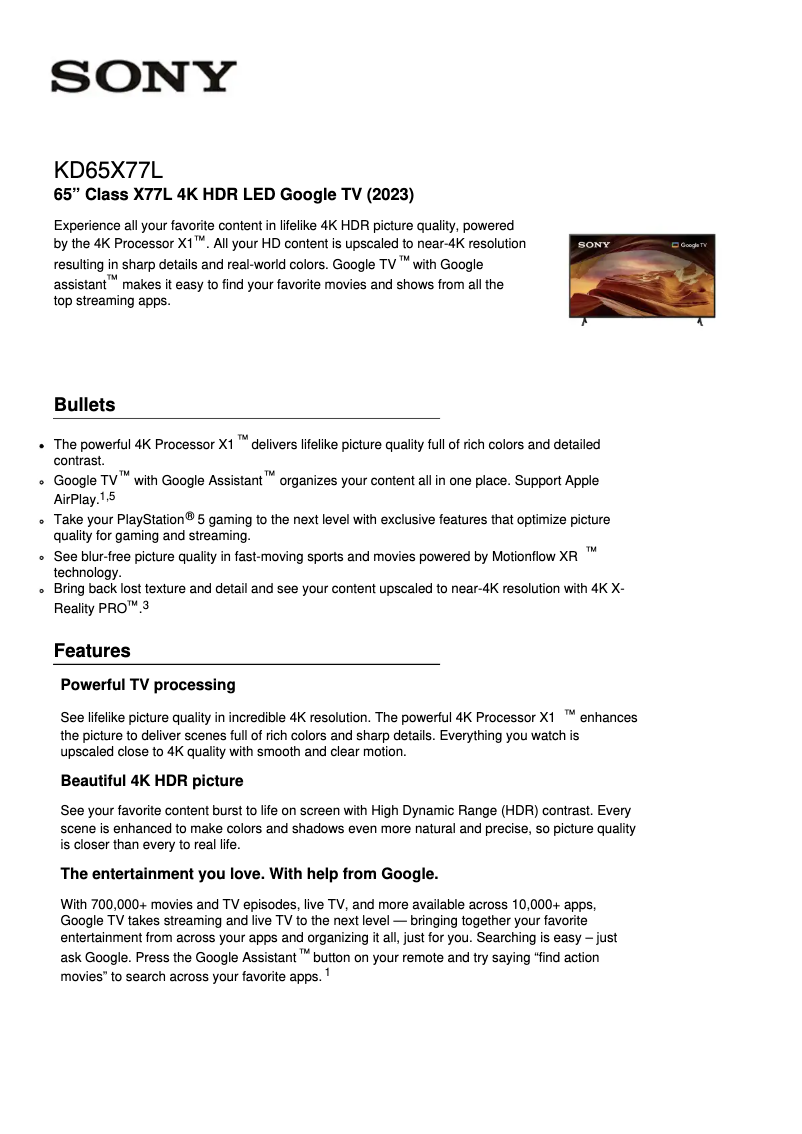 Page 1 of the manual Technical Sheet Sony KD-65X77L