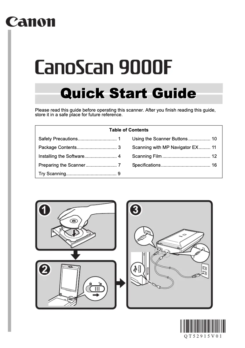 Page 1 of the manual Quick Start Guide Canon CanoScan 9000F