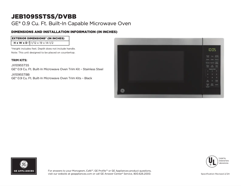 Page 1 of the manual Technical Sheet GE JEB1095DVBB