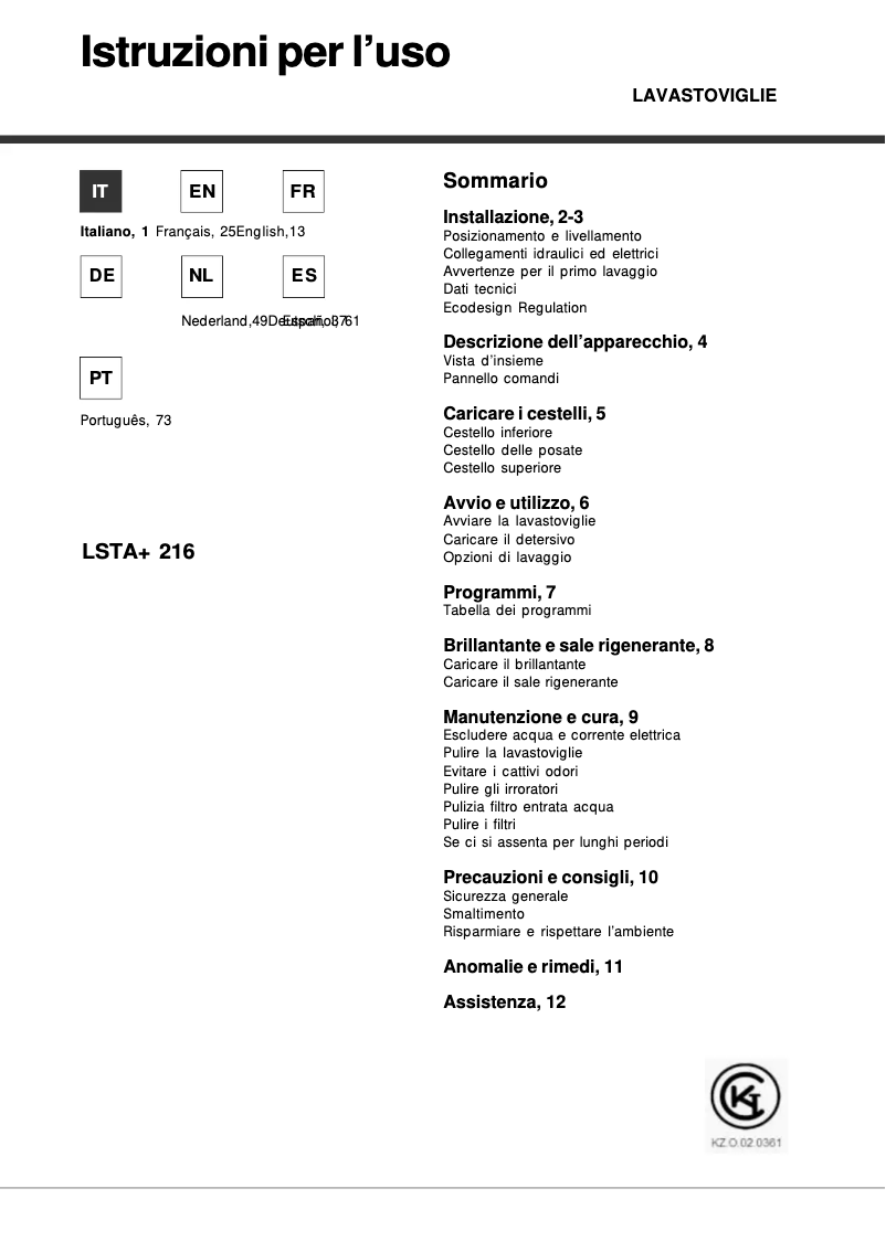 Page 1 of the manual User Manual Hotpoint LSTA+ 216 A/HA