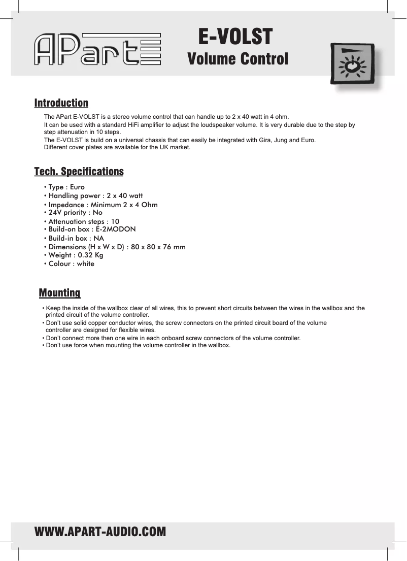 Page 1 of the manual User Manual APart E-VOLST-BL