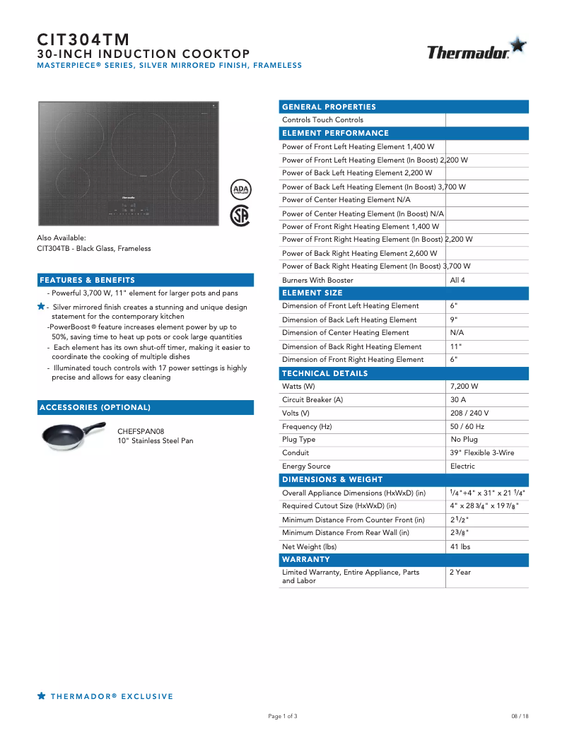 Page 1 of the manual Technical Sheet Thermador CIT304TM