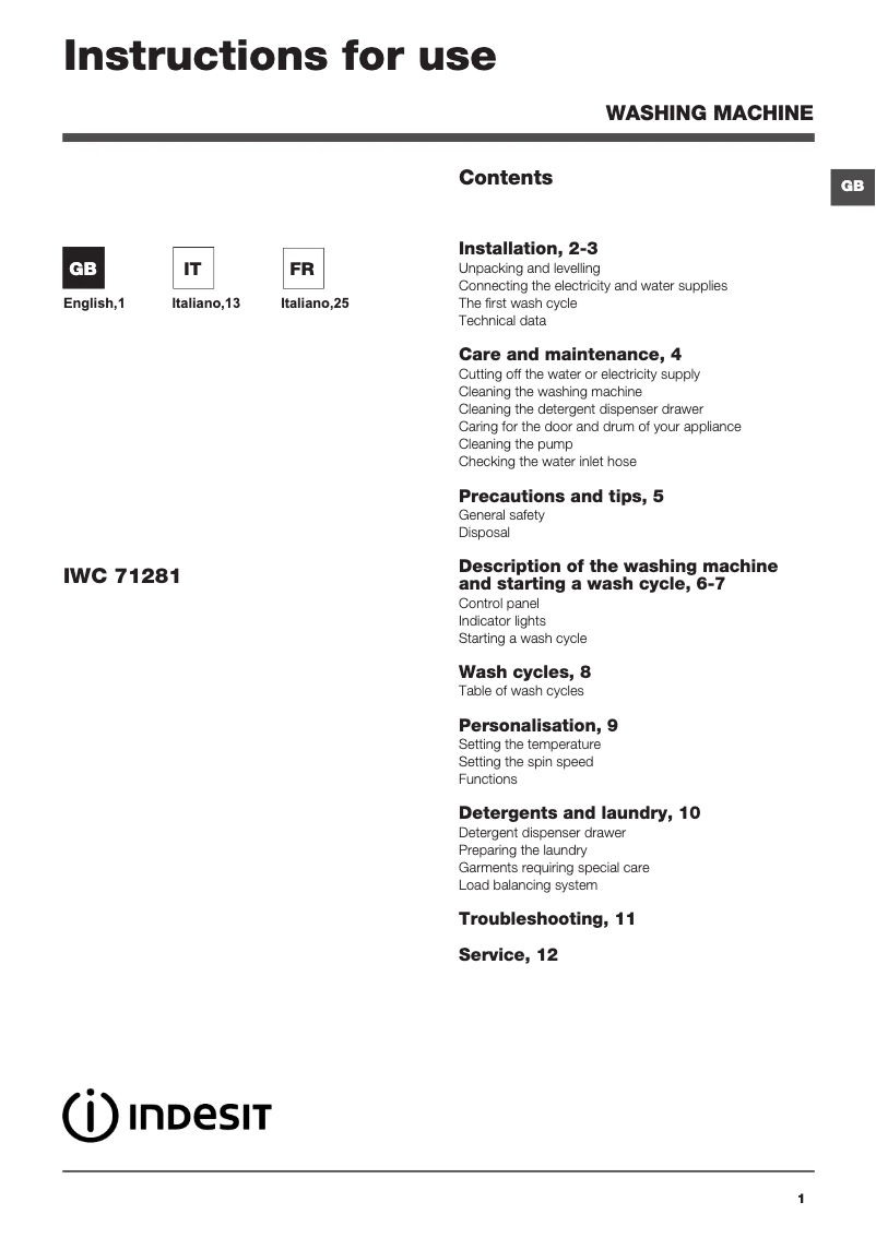 Page 1 of the manual User Manual Indesit IWC 71281ECOEU60HZ.R