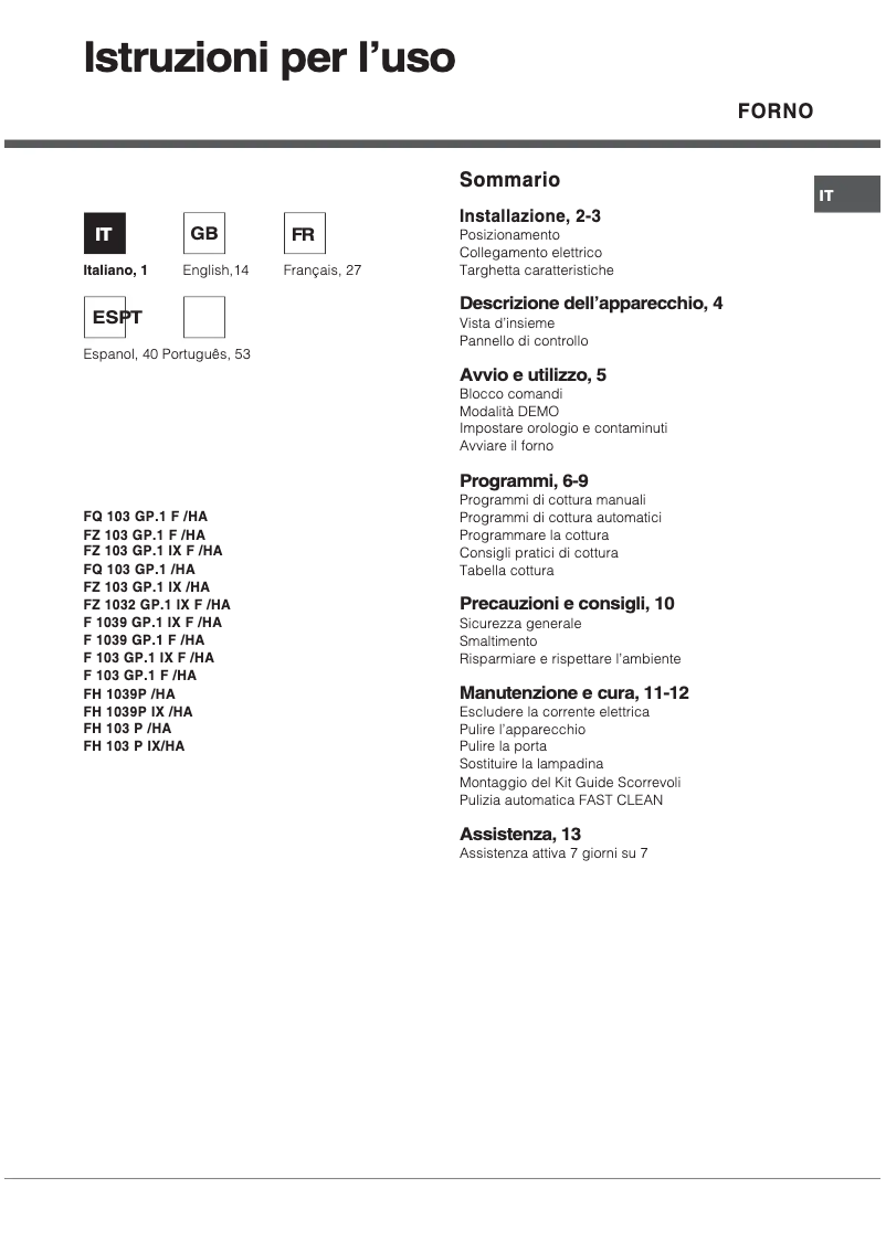Page 1 of the manual User Manual Hotpoint Ariston FQ 103GP.1(ICE)F /HA