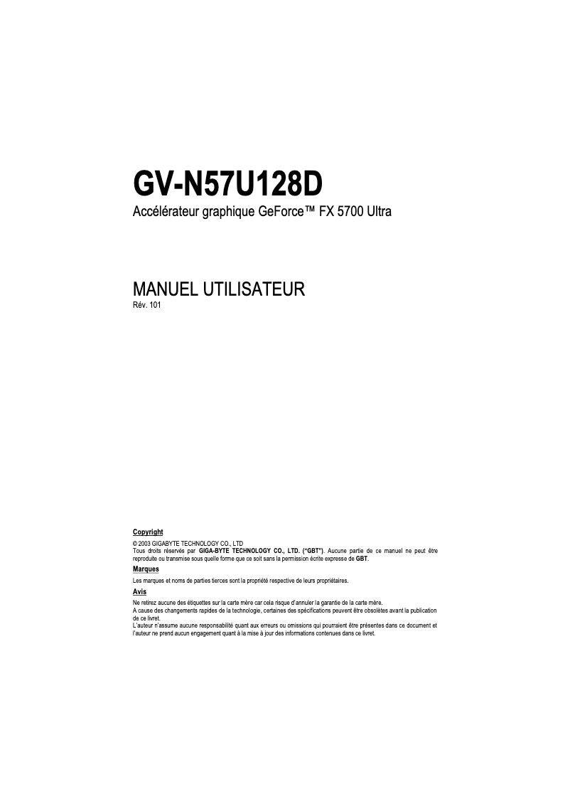 Page 1 of the manual User Manual Gigabyte GV-N57U128D