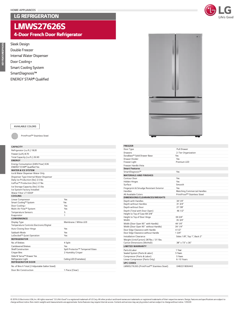 First page image of the manual for LMWS27626S