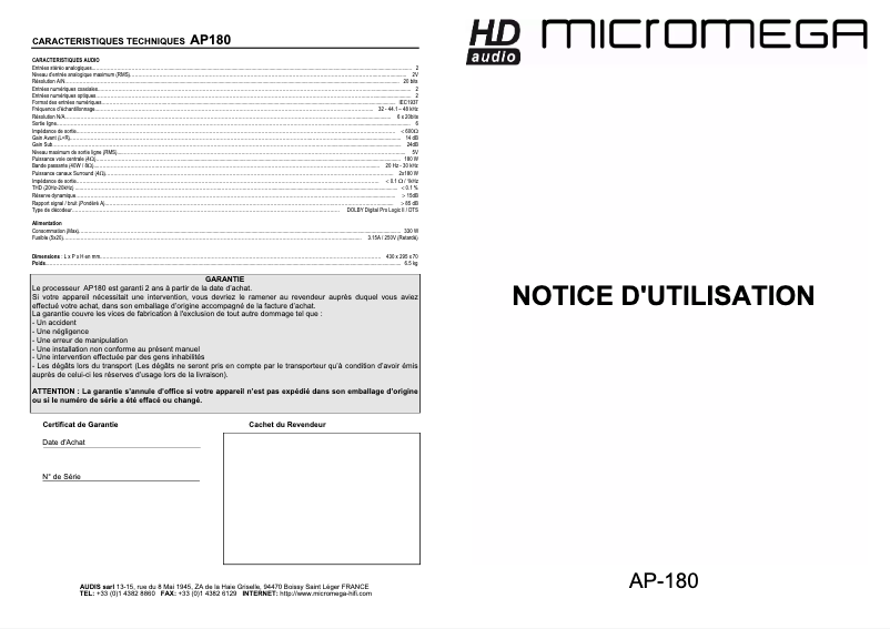 Page 1 of the manual User Manual Micromega AP 180