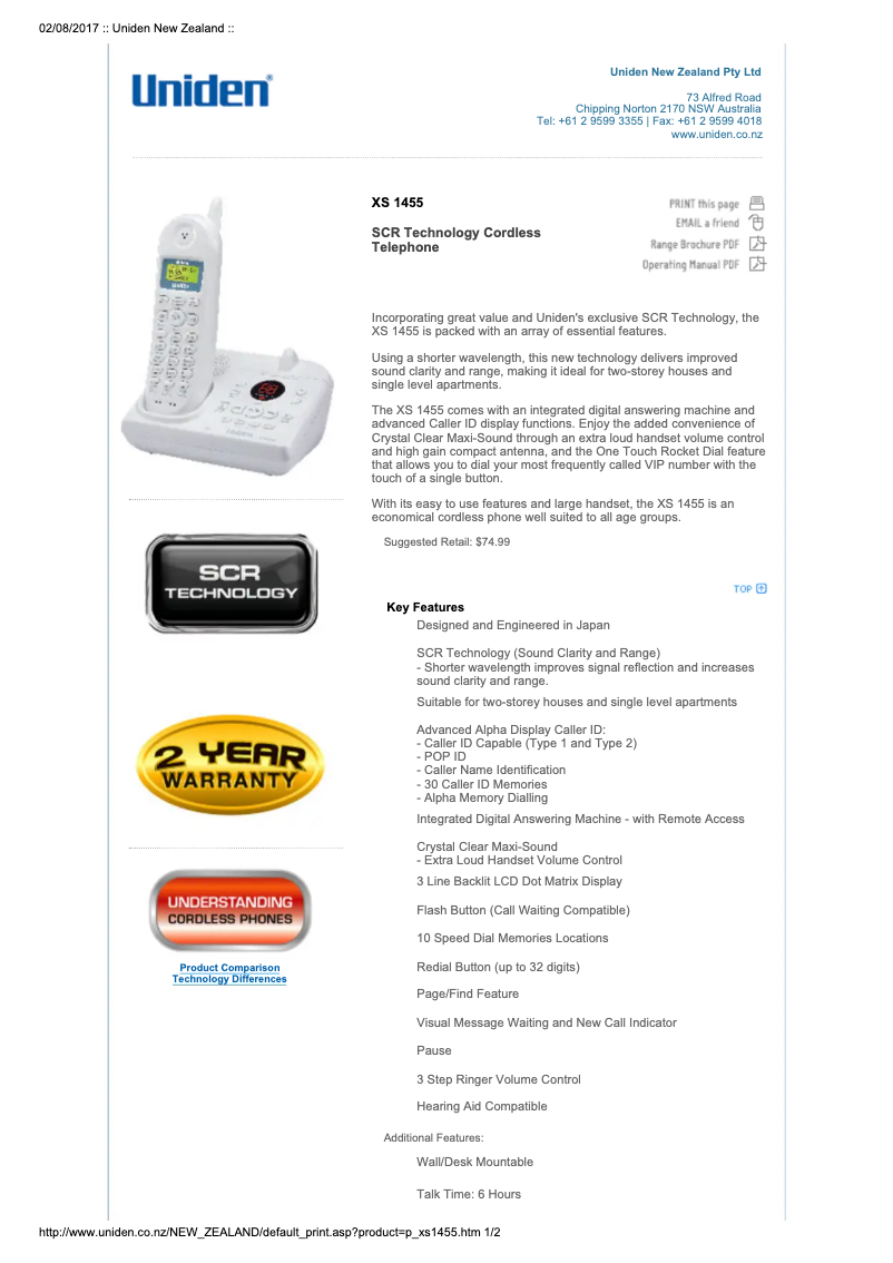 Page 1 of the manual User Manual Uniden XS 1455