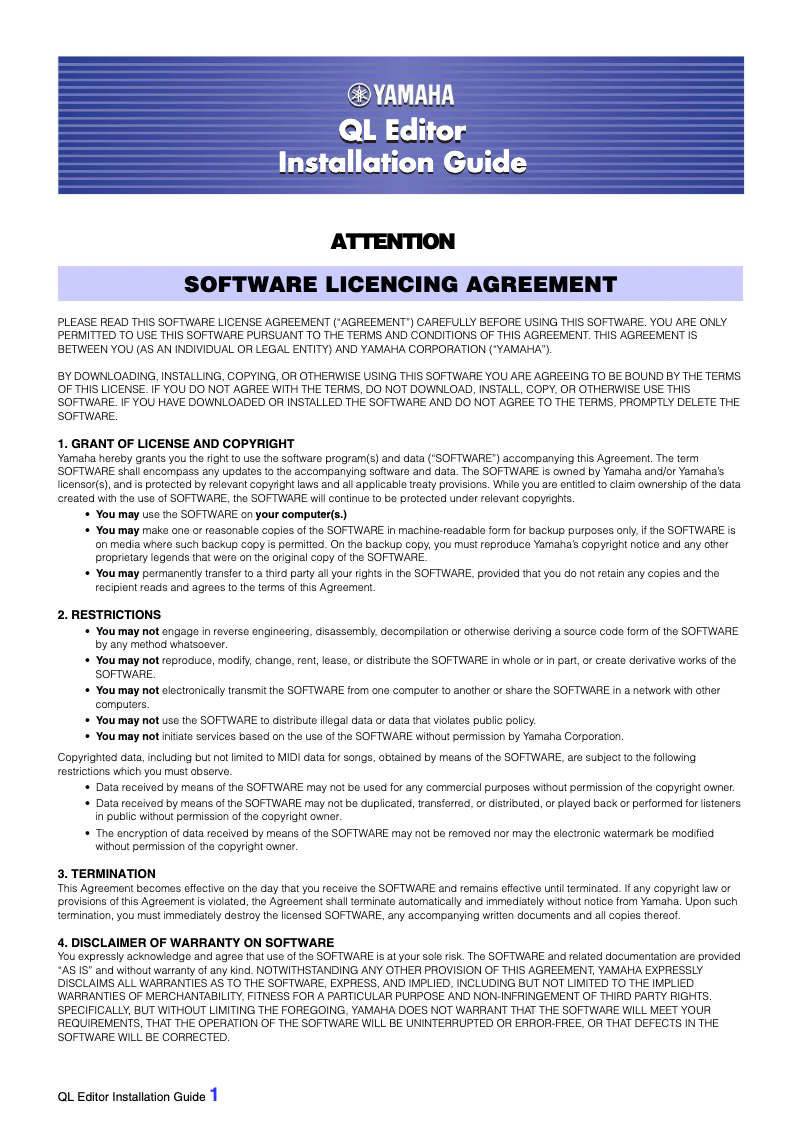 Page 1 of the manual Installation Guide Yamaha QL5
