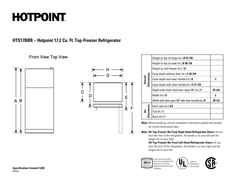 Page 1 of the manual Technical Sheet Hotpoint HTS17BBRLWW
