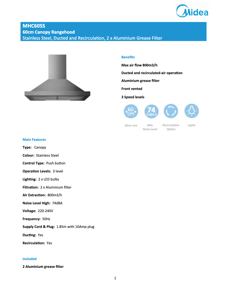 Page 1 of the manual Technical Sheet Midea MHC60SS